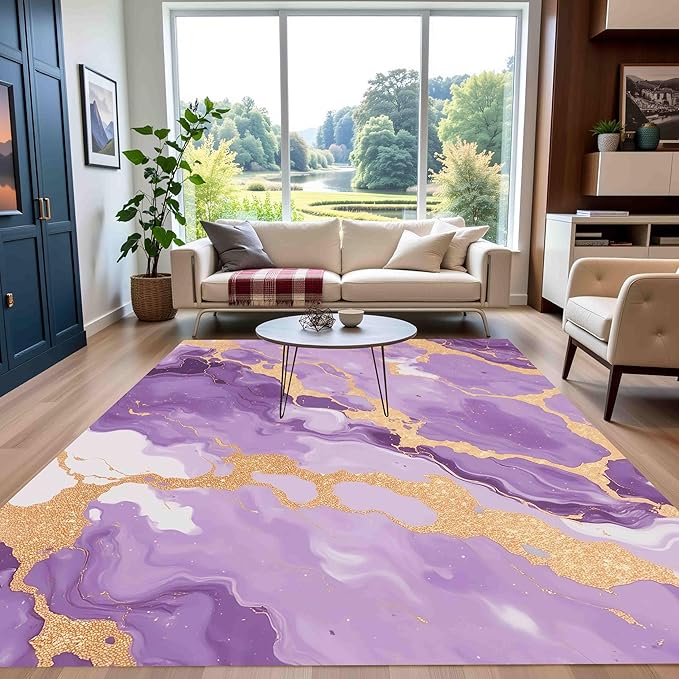 Art Aesthetic Deco Purple Gold Modern Abstract Marble Texture Design Home Office Rugs 7x10 for Living Room Bedroom Dining Room Soft Anti Slip Thick Area Rug Nursery Dorm Kitchen Unique Funky Carpet