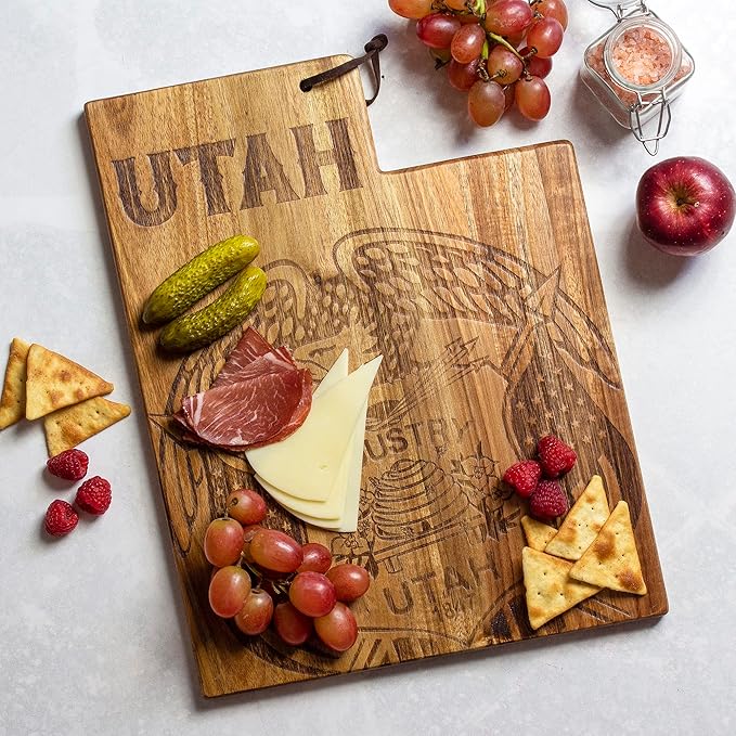 Totally Bamboo Rock & Branch Origins Series Utah State Shaped Cutting Board and Charcuterie Serving Tray, Includes Hang Tie for Wall Display