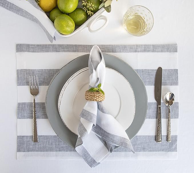Solino Home Linen Placemats Set of 4 - Cabana Stripe Grey and White Placemats 14 x 19 Inch - 100% Pure Linen Place Mats for Christmas, Winter, New Year