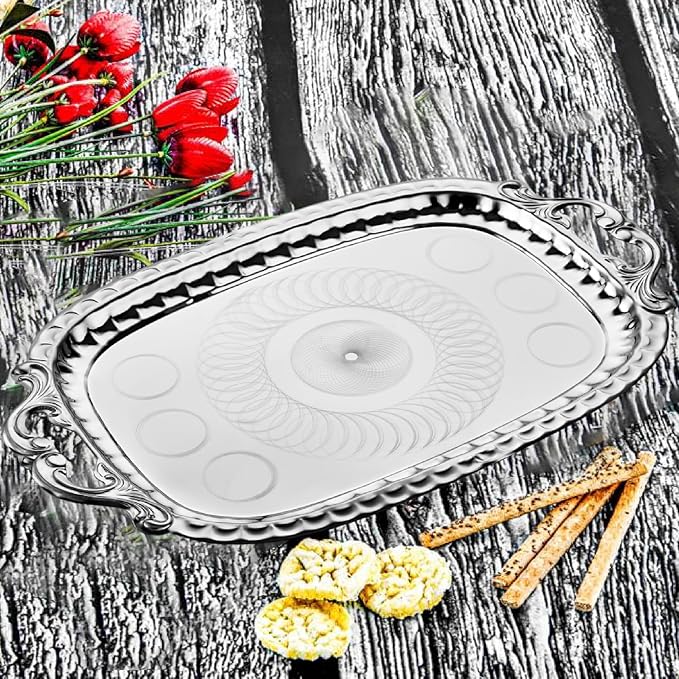 Hakan Stainless Steel Serving Tray with Handles, 19 x 11.6-inch Ornamental Rectangular Decorative Design Platter for Table. Party, Centerpiece Platter, Antique Wedding Decor, Silver