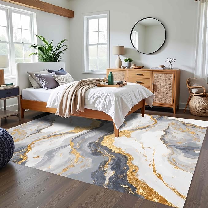 Liquid Marble Texture Design Indoor Area Rug Modern Abstract Grey White Gold Large Rugs for Living Room Bedroom Dining Room Soft Anti Slip Thin Carpet 5x8 Farmhouse Dorm Nursery Unique Floor Mats