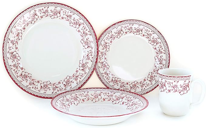 Tudor Royal Collection 16 Piece Round Dinnerware Set, Service for 4, Aster Pink Design, Red Floral, Plates Bowls Dishes, High Gloss Premium Quality