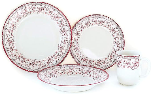Tudor Royal Collection 16 Piece Round Dinnerware Set, Service for 4, Aster Pink Design, Red Floral, Plates Bowls Dishes, High Gloss Premium Quality