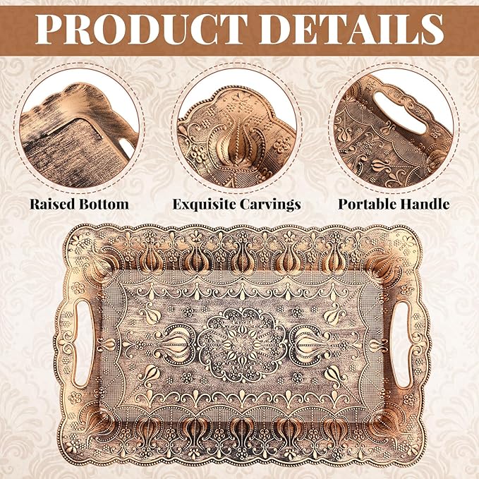 LemonRoad 6 Packs Plastic Old Gold Serving Trays with Handles 17 x 11 inch Retro Vintage Embossing Rectangle Reusable Party Snack Decorative Serving Trays for Tea Coffee Fruit Dessert