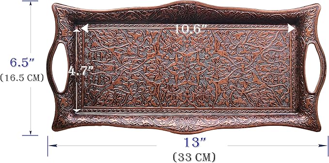 Metal Serving Tray with Raised Edges, Vintage Design Tray, Rectangular Metal Serving Tray, Decorative Serving Platter, Turkish Ottoman Coffee Tea Beverage Serving Square Tray (Aged Brown)