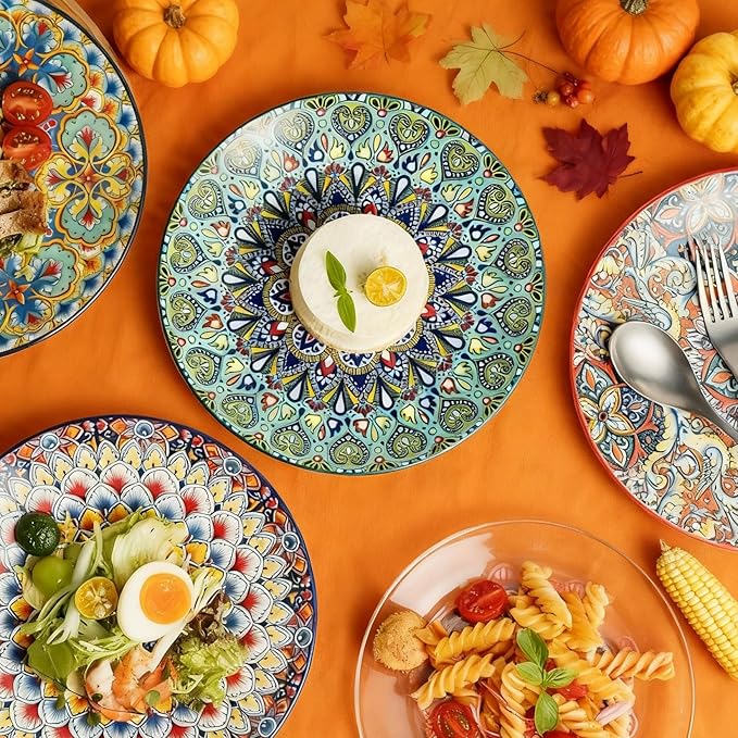 Ceramic Dinner Plates, 8.5 Inch Small Salad Dessert Plate Set of 6, Colorful Bohemian Plates for Appetizers, Snacks, Fruit, Small Plate Set for Kitchen & Restaurant, Microwave, Oven and Dishware Safe