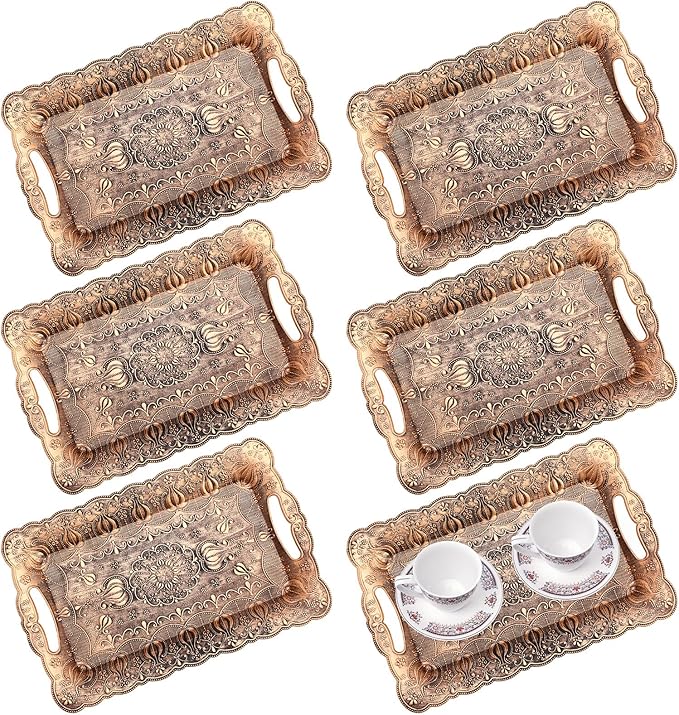 LemonRoad 6 Packs Plastic Old Gold Serving Trays with Handles 17 x 11 inch Retro Vintage Embossing Rectangle Reusable Party Snack Decorative Serving Trays for Tea Coffee Fruit Dessert