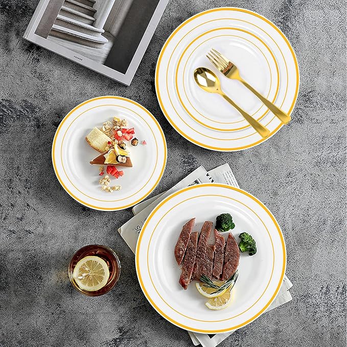 Gold Plastic Plates, MCIRCO 100 Pieces Disposable Party Plates for Weddings, Premium Gold Rim Plates, Include 50 10.25 Inch Dinner Plates and 50 7.5 Inch Dessert Appetizer Plates