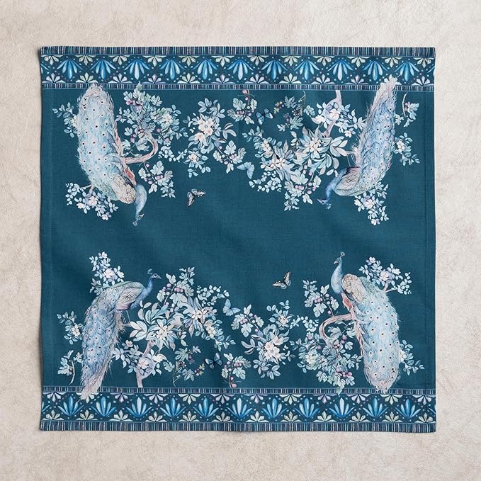 Maison d' Hermine Napkin 100% Combed Cotton Premium 20"x20" Decorative Washable Table Cloth Napkins Set of 4 for Dining, Holidays, Buffet & Wedding Use Campagne - Peacock Utopia - Deep Sea