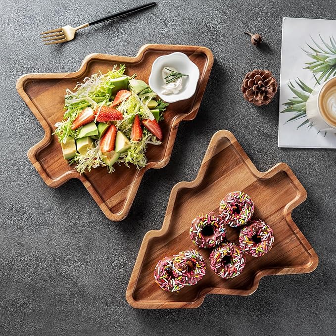 Wooden Serving Tray - Decorative Serving Platters and Trays Set of 2 Christmas Tree Shape Wood Platters for Entertaining, Breakfast, Coffee Table, Home Decor