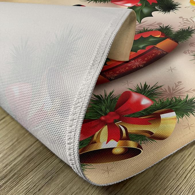 Ambesonne Christmas Place Mats Set of 8, Vintage Style Classical Candle Bell Mistletoe Ribbon Bird Art Print, Washable Fabric Placemats for Dining Table, Placemat 8 pcs, Emerald Cream
