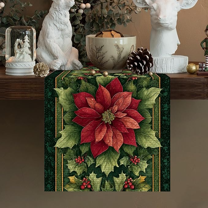 Green Red Flowers Christmas Table Runner Seasonal Winter Kitchen Dining Linen Table Decoration for Indoor Outdoor Home Party Decor 13 x 72 Inch
