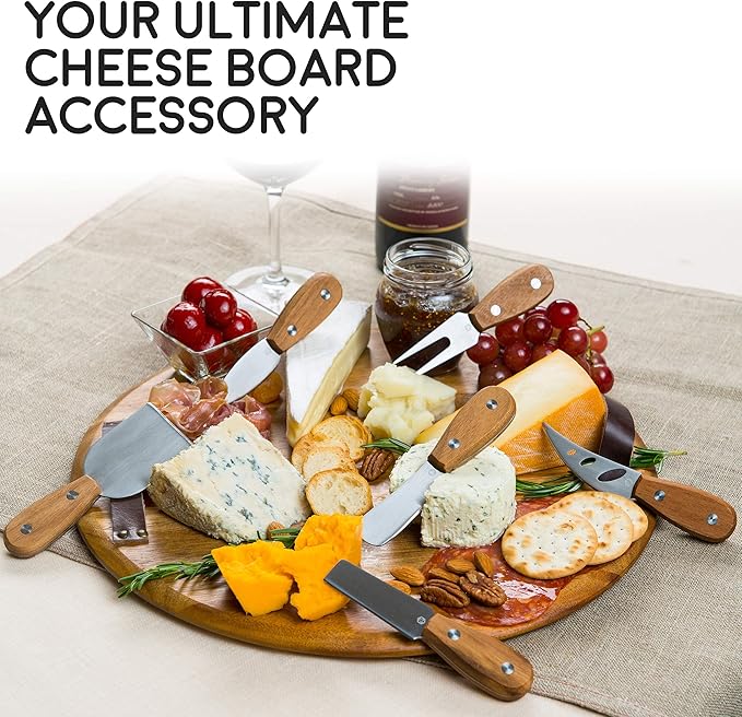 Harvest 6-Piece Cheese Knife Set (Gift-Ready) - Premium Stainless Steel Cheese Knives with Rivets, Full Tang Blades and Teak Wood Handle Charcuterie Board Accessories w/ 15 Festive Recipes