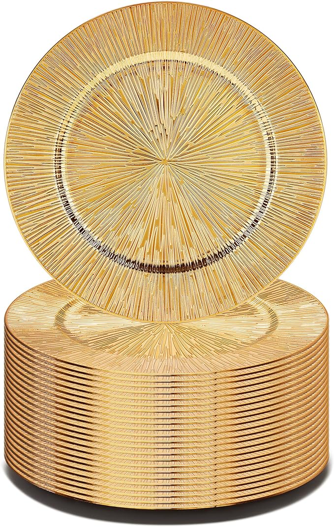 Value Set of 24 Charger Plates, Gold Plastic Dinner Chargers 13 Inch Multi-Use for Holiday Decor Restaurant Catering Special Events