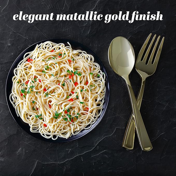 Plasticpro Disposable Plastic Gold Serving Utensils 6 Forks & 6 Spoons Durable Heavy Duty Premium Serving Utensils Gold 6 Sets