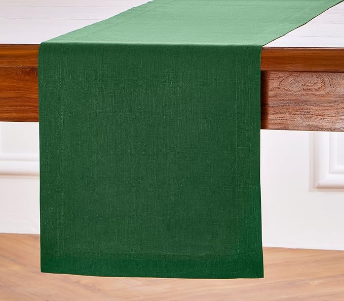 Solino Home Linen Table Runner 48 Inches - 100% Pure Linen Pine Green Table Runner 14 x 48 Inch Ideal for Dresser and Coffee Tables - Christmas, New Year - Fete