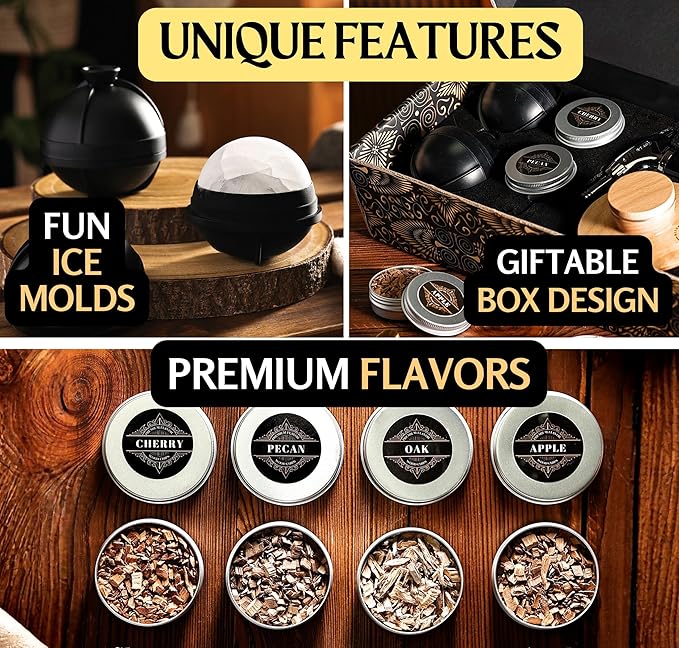 Cocktail Smoker Kit - Whiskey Bourbon Drink Smoker with Torch, Custom Top, 2 Ice Ball Makers, 4 Flavors Wood Chips - Smokers for Whiskey Drinks - Cocktail Drink Smoking Kit - Unique Gifts for Him
