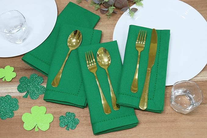PurpleEssences Set of 12 Hemstitch Cloth Dinner Napkins 100% Cotton - Soft Durable Washable - Ideal for Wedding St Patricks Day - Perfect Everyday Use Table Linen 18x18 - St Patricks Green