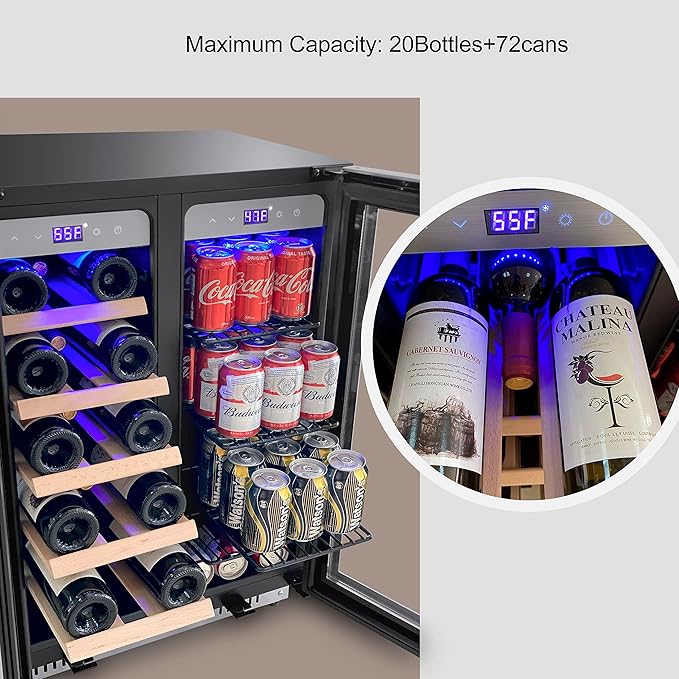 Cobalance 24 Inch Dual Zone Wine and Beverage Refrigerator-72 Cans and 20 Bottles Cooler, & Single Bottle Wine Chiller,Built-in or Freestanding Fridge for Beer, Soda, Drinks, Home, Bar