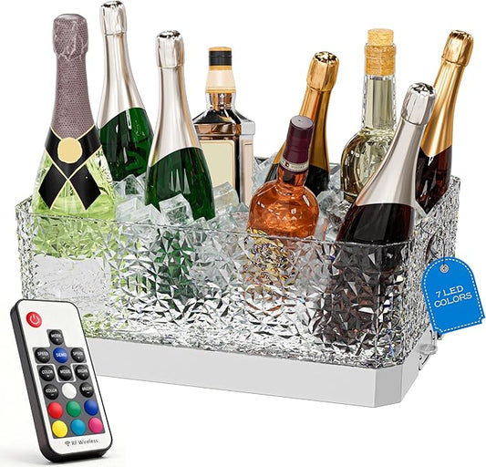 Plastic Ice Bucket Beverage Tubs for Parties, 15Liter / 4 Gallon Large Clear Drink Tub for Champagne Beer Drink Wine Cocktails, 7 Colors LED Light Up with Remote, Leakproof
