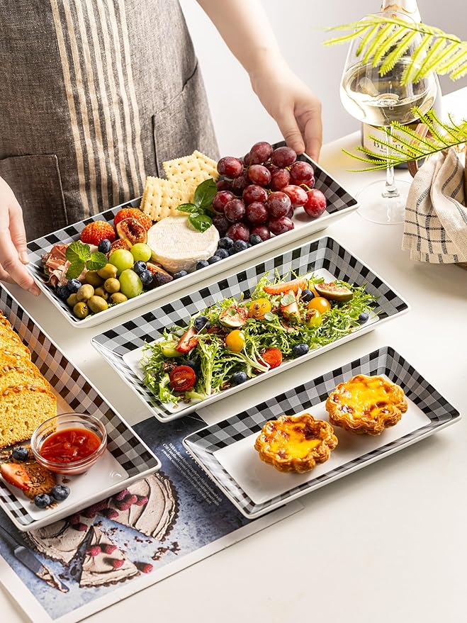 YHOSSEUN Ceramic Serving Platters Set of 4, Black and White Serving Platters and Trays for Food, Rectangular Halloween Plates Serving Dishes for Parties, Checkered, 12 Inch