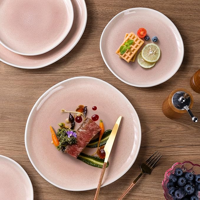 AmorArc Ceramic Dinnerware Sets,Handmade Reactive Glaze Stoneware Plates and Bowls Sets,Highly Chip and Crack Resistant | Dishwasher & Microwave Safe Dishes Set,Service for 4 (12pc)-Pink