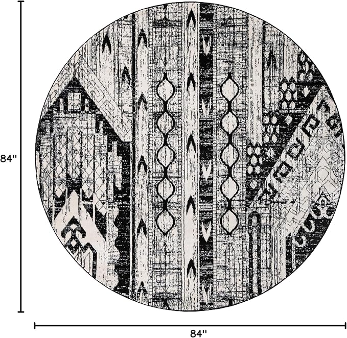 Rugs.com Oregon Collection Rug – 7 Ft Round Black and White Low-Pile Rug Perfect for Kitchens, Dining Rooms