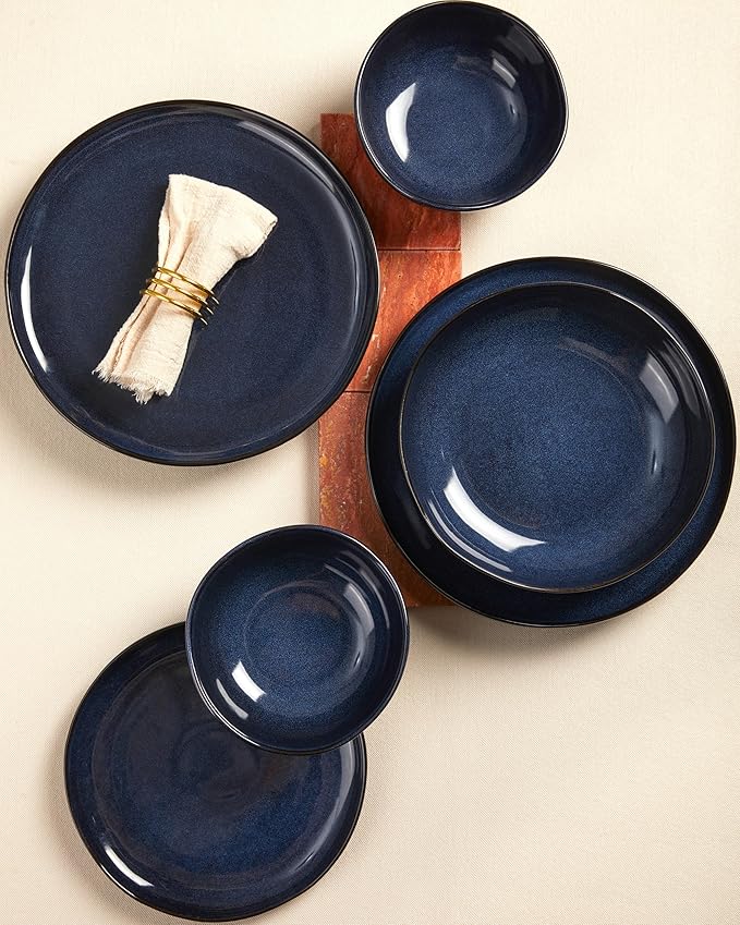 8 Inch Salad Plates Set of 6, Dessert & Side Plates with Wavy Rim-Stoneware, Dishwasher & Microwave Safe, Ceramic Plate Set, Starry Blue