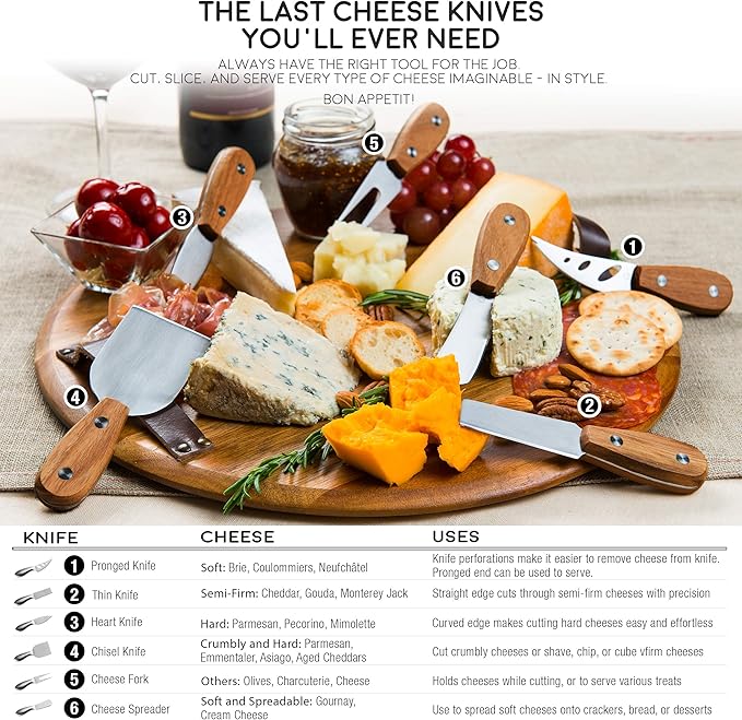Harvest 6-Piece Cheese Knife Set (Gift-Ready) - Premium Stainless Steel Cheese Knives with Rivets, Full Tang Blades and Teak Wood Handle Charcuterie Board Accessories w/ 15 Festive Recipes