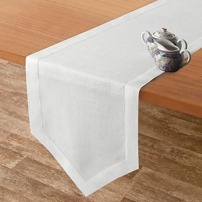 D'Moksha Homes White Linen Table Runner 120 Inches Long - 100% Pure Linen Diamond Table Runner 14 x 120 Inch for Dining, Winter, Christmas, Holiday, New Year - Machine Washable