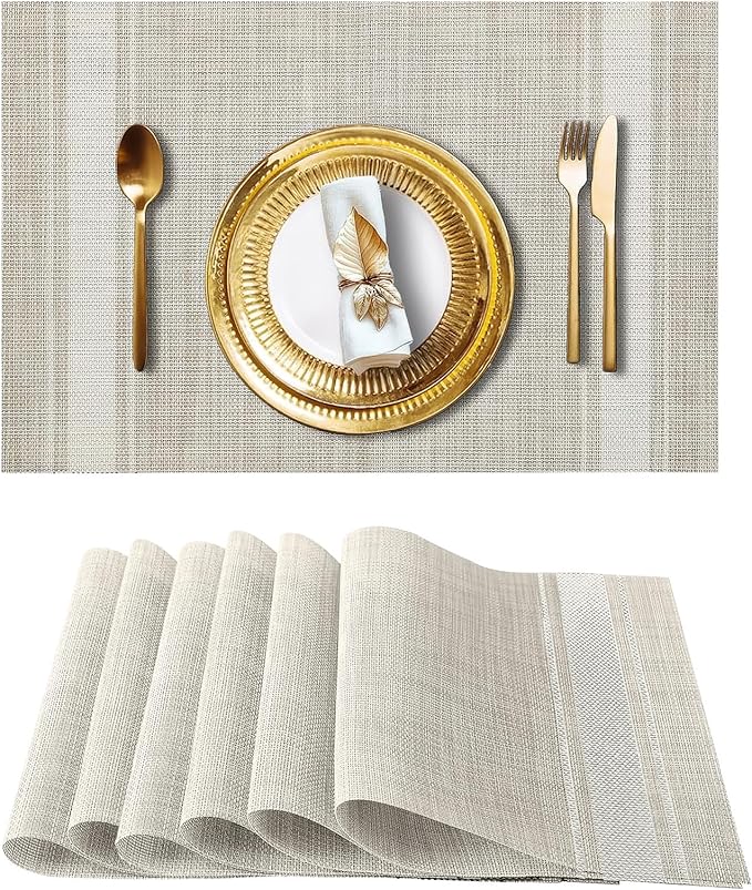 Plastic Woven Place Mats,Non-Slip,Set of 6,Waterproof Wipeable Dining Table Mats for Kitchen Table Indoor/Outdoor,White