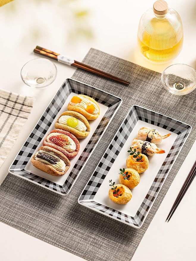 YHOSSEUN Ceramic Serving Platters Set of 4, Appetizer Serving Dishes Rectangular Dinner Sushi Plates for Parties, Halloween Table Decor, Checkered, 10 Inch