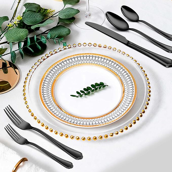 Herogo 30-Piece Black Silverware Set with Scalloped Edge, Stainless Steel Flatware Cutlery Set for 6, Modern Tableware Eating Utensils, Dishwasher Safe, Mirror Polished