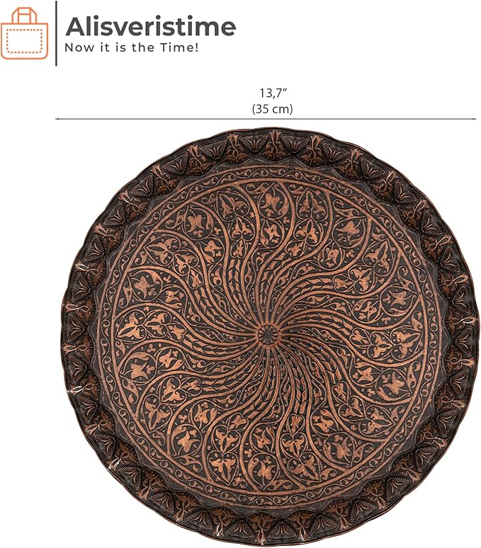 Alisveristime Turkish Ottoman Coffee Tea Serving Tray – 11.8 Inches, Wavy Zamac Tray with Traditional Motifs, Available in Five Color Variations (Copper)