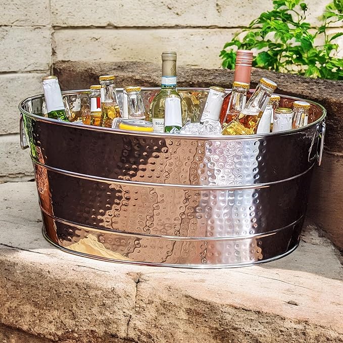 BREKX Aspen Heavy-Duty Oval Stainless Steel Drink Cooler for Parties - Metal Large Ice Bucket for Drinks, 25-Quart (30-Bottle) Large Cooler Ice Container for Parties, Leak Resistant