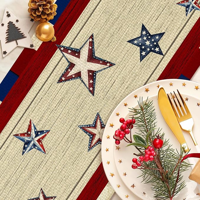 American Flag Flower Table Runner Seasonal Holiday Kitchen Dining Linen Table Decoration for Indoor Outdoor Home Party Decor 13 x 72 Inch