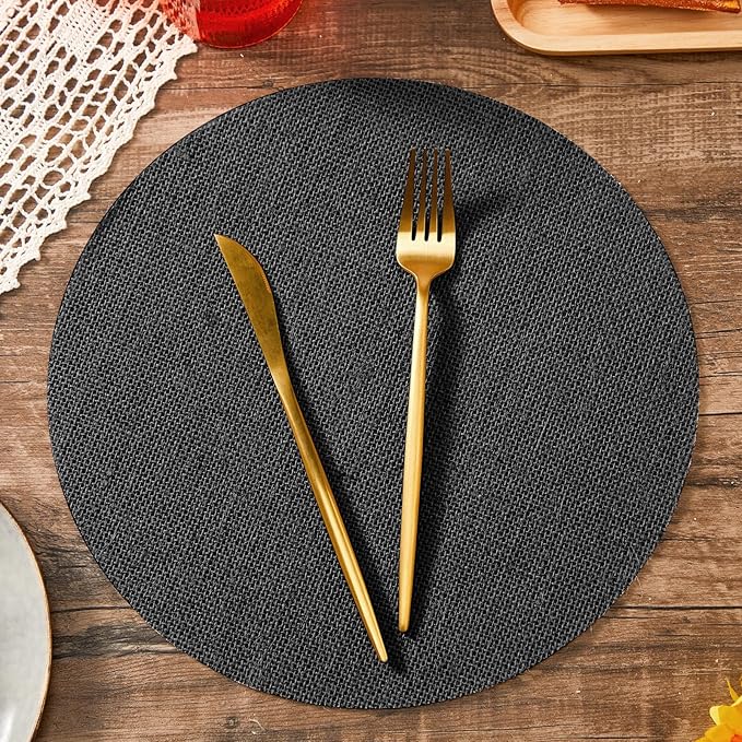 Yunlly Set of 48 Round Burlap Placemats Bulk Burlap Farmhouse Placemats Set Heat Resistant Table Mats Circle Jute Charger Place Mats for Wedding Holiday Dinner Rustic Table Decorations(11.8 in,Black)