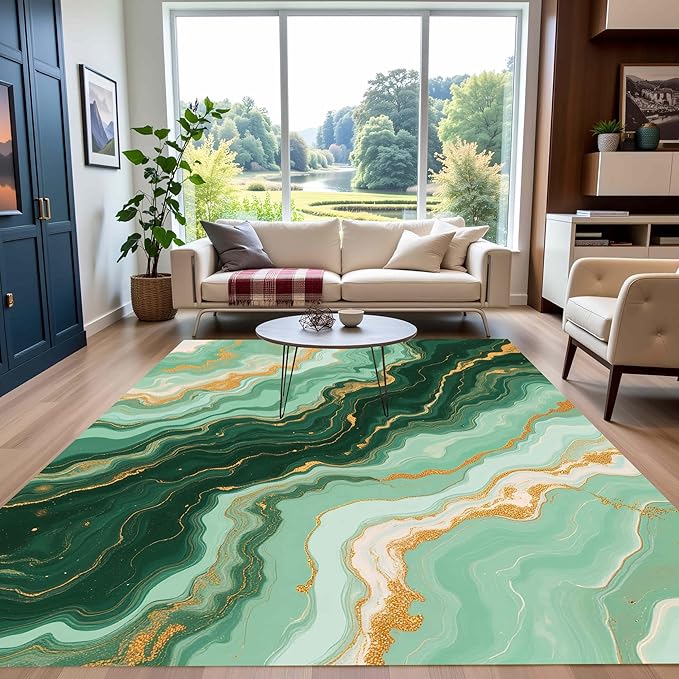 Green Gold Marble Texture Indoor Rugs for Living Room Bedroom Dining Room Soft Non Skid Thin Large Area Rug Nursery Farmhouse Art Deco Floor Mats Dorm Kitchen Modern Abstract Home Office Carpet 7x12