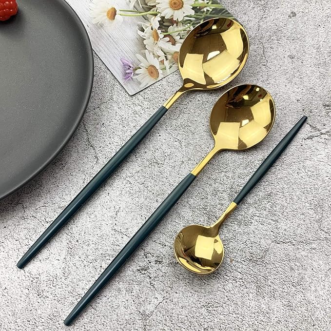 JASHII 18/10 Silver Silverware Set Stainless Steel Flatware Utensils Set Gold Cutlery Set| 24-Piece Modern Cubiertos Dorados| BEST Birthday Wedding Gift (4 sets, Green Handle Gold Mirror Polish)