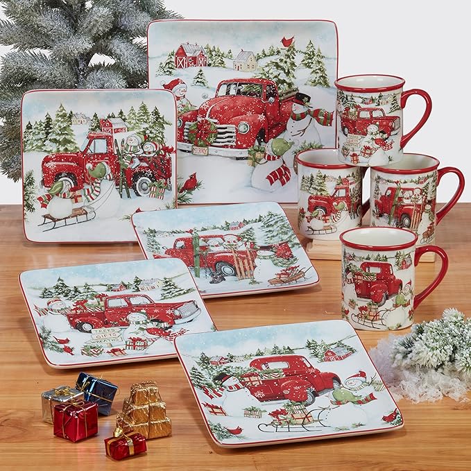 Certified International Red Truck Snowman 6" Canape/Luncheon Plates, Small, Multicolor, Set of 4 (Pack of 3)