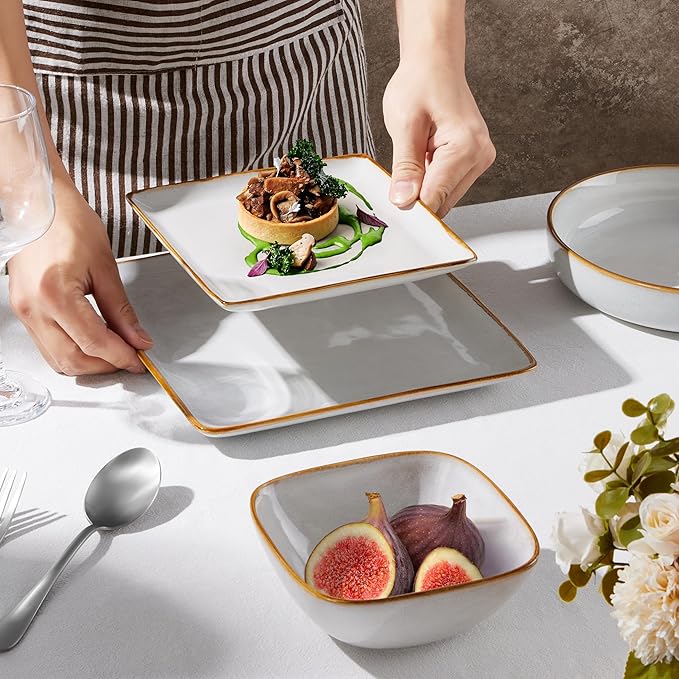 E-far Square Dinnerware Sets for 8, 24-Piece Stoneware Plates and Bowls Dishes Set, Reactive Glaze Porcelain Dishware Sets, Chip & Scratch Resistant, Microwave & Dishwasher Safe, Seashell White