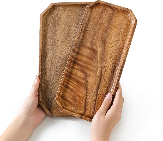 Premium Walnut Wood Long Octagon Serving Tray 12"-100% Natural Wooden Serving Tray for Coffee Table-Great Ottoman Tray Home Decor Platter-Perfect for Serving Drinks & Food