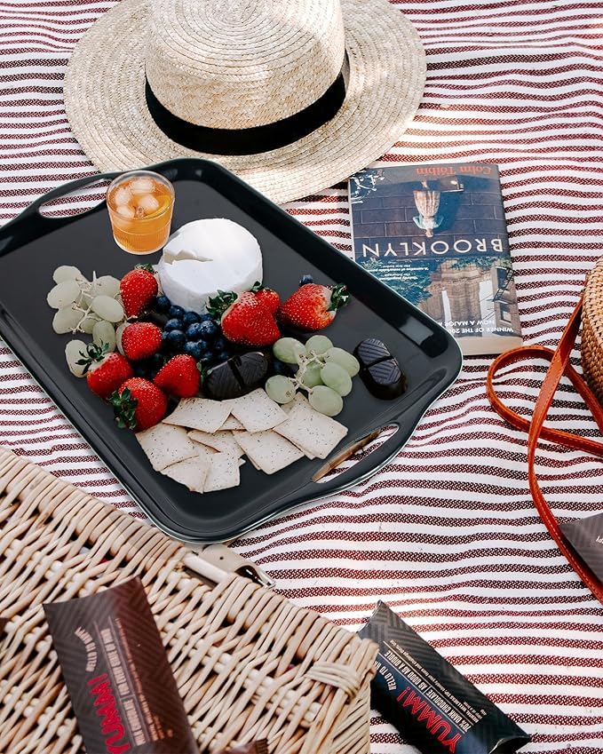 17.5 x 12’’ Large Melamine Serving Tray with Handles, Set of 2 Rectangular Melamine Serving Platters, Dishwasher Safe Trays for Eating, Appetizer, Charcuterie, Snack, Fruits, Desserts, Black