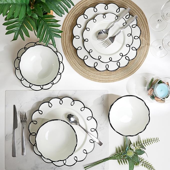 Sango 12-Piece Earthenware Dinnerware Set for 4, Glossy White Plates and Bowls Sets with Black Scalloped Rims, Premium Dish Set, Holiday Dishes for Gifting & Hosting Christmas Party, Splash of Cheers