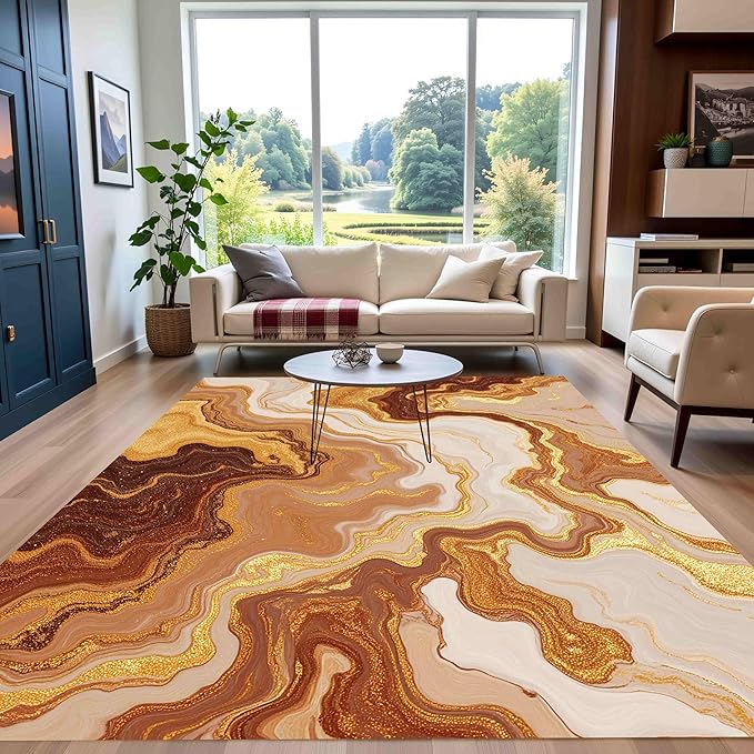 Contemporary Beige Warm Brown Gold Abstract Marble Texture Indoor Area Rug 4x6 for Living Room Bedroom Dining Room Soft Non Slip Washable Large Carpet Dorm Nursery Kitchen Art Deco Aesthetic Rugs