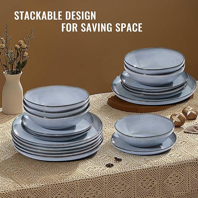 Herogo 24 Piece Dinnerware Dishes Sets for 8, Stoneware Plates and Bowls Dinner Set, Irregular Handmade Dishware Tableware for Home Kitchen, Microwave & Dishwasher Safe, Smoky Blue