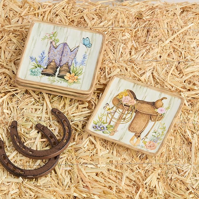 Rosewood 6-Inch Canape Plates, Set of 4, Western-Inspired Designs with Floral Cowboy Boots, Saddle, Cactus & Horse, Rustic Wood-Grain Background, Durable Ceramic for Appetizers & Desserts