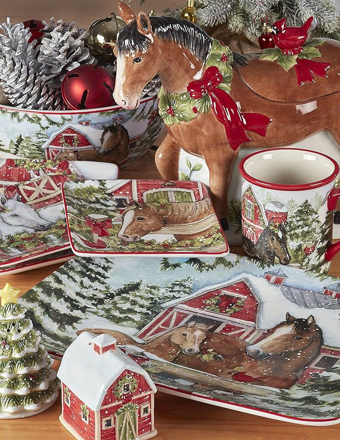 Homestead Christmas 16-Piece Dinnerware Set – Holiday Tableware for 4 with Festive Horse & Barn Scenes – Winter Ceramic Plates, Bowls & Mugs – Farmhouse Country Christmas Décor