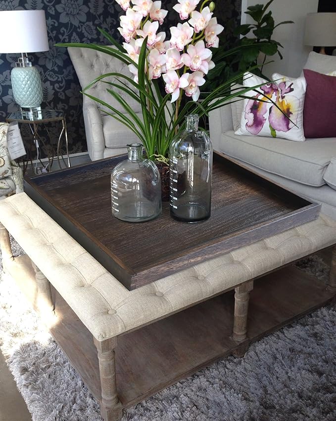 Rustic Wooden Serving Tray 24" Square - Extra Large Square Ottoman Table Tray for Farmhouse Decorative Oversized Coffee Table Trays Living Room Kitchen Counter Breakfast Brown