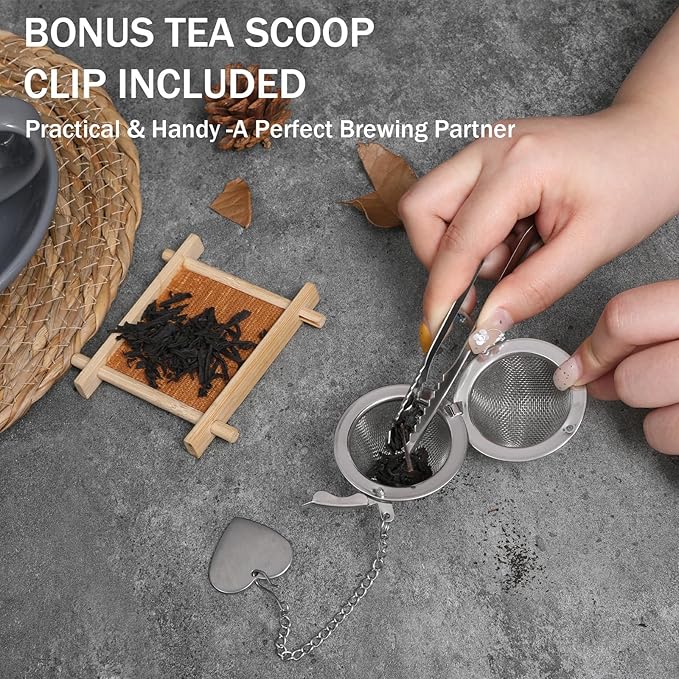 2 Pack Stainless Steel Mesh Tea Infuser with 1 Pack Bonus Tea Scoop Clip, Premium Fine Mesh Tea Ball Filter Upgraded Tea Diffusers Steeper for Loose Leaf Tea Spices Seasonings